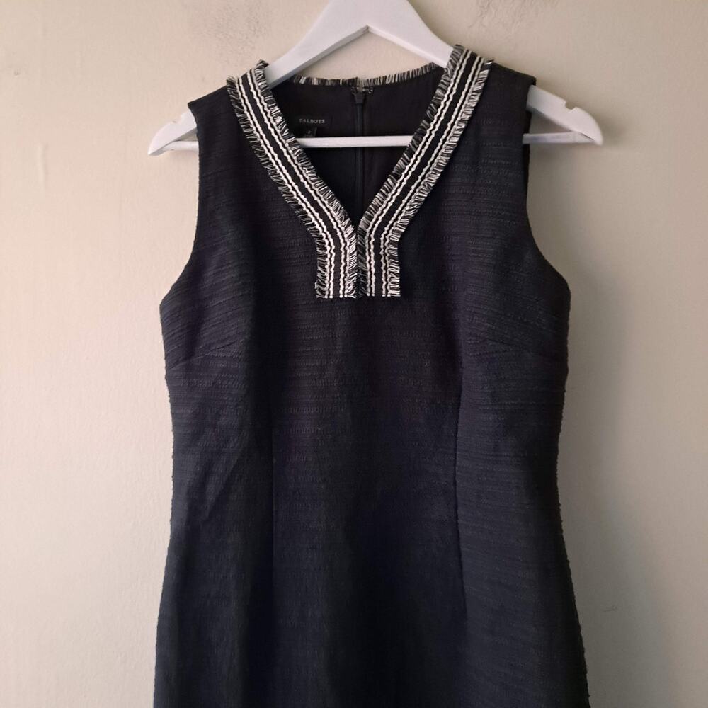 Talbots Womens Black Vneck Texture Dress with Neckline Fringes Sleeveless Size 2 - Picture 8 of 10